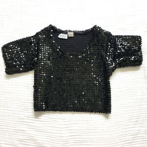 Vintage 80s/90s Black Allover Sequin Crop Top Womens S* Petite Sparkle Blouse